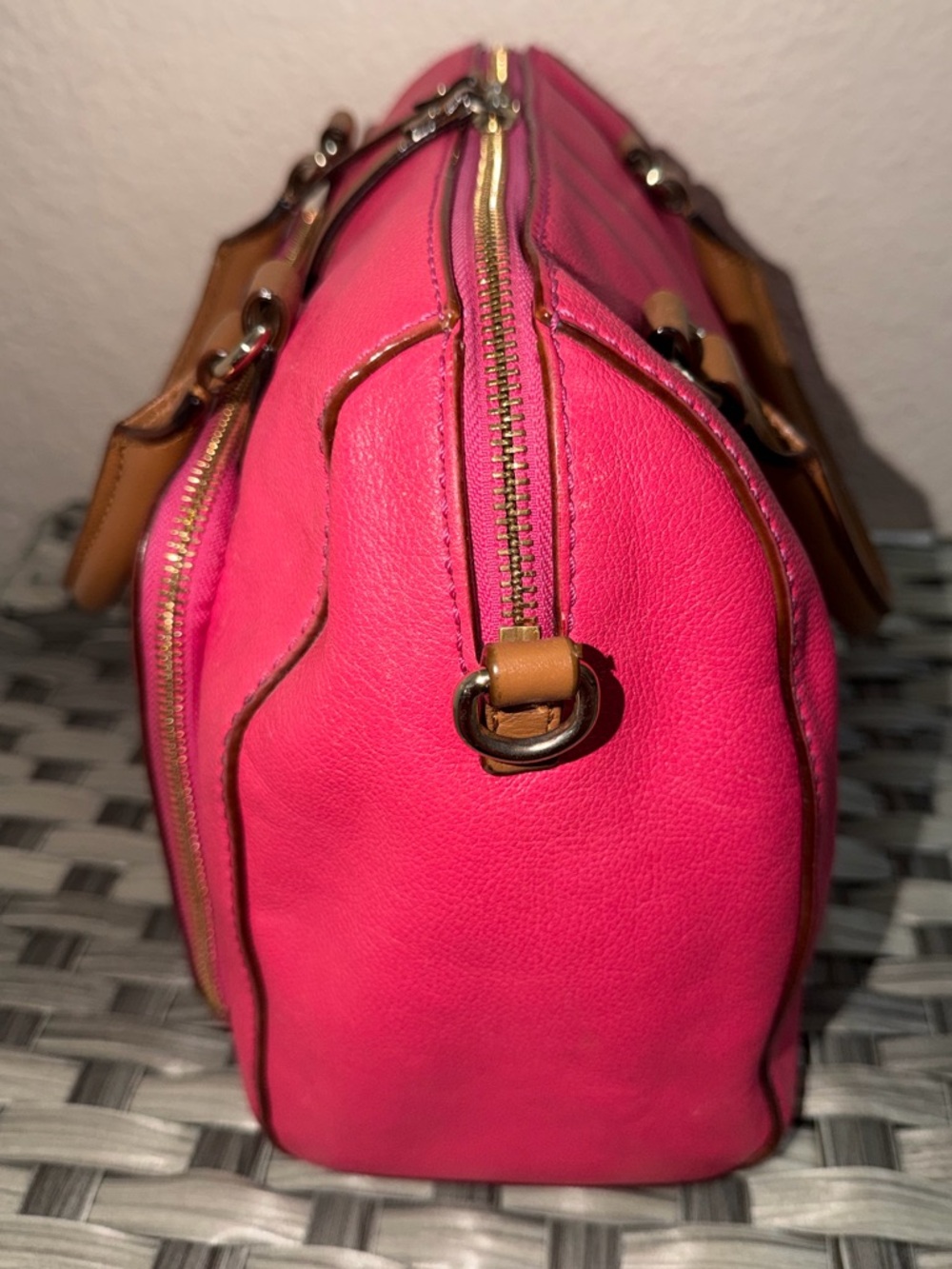 Kate Spade Pink Leather Satchel Crossbody Bag Brown Top Handles - Picture 10 of 16